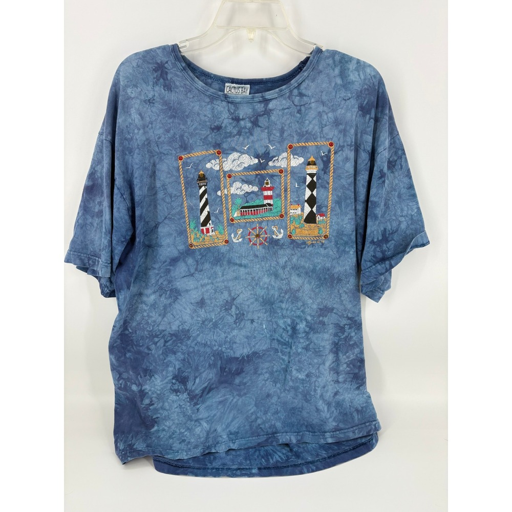 Cactus Bay Apparel by Lynée Tie Dye Nautical Lighthouse Embroidered‎ T-Shirt